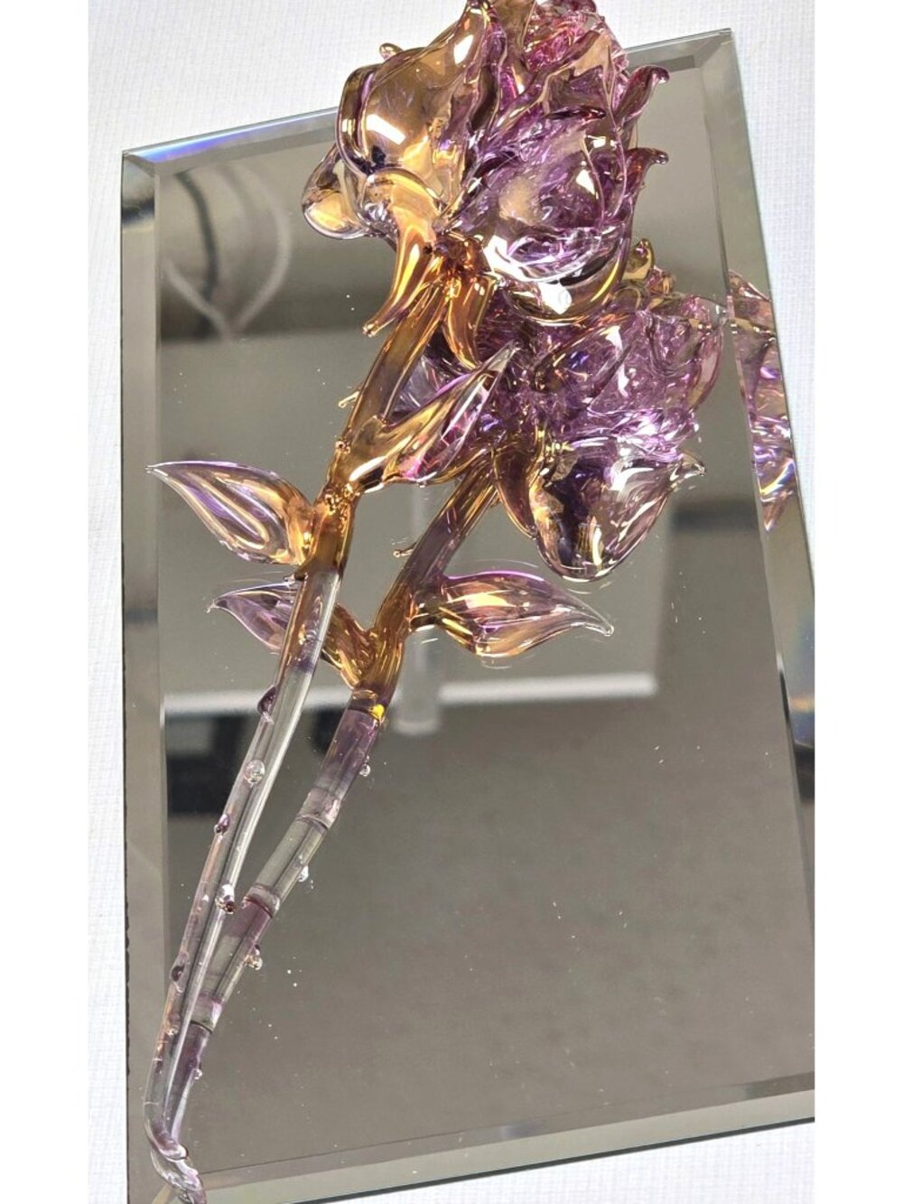 Vintage Hand-Blown Glass Rose Gold Dipped Flower Purple with Mirror Decor - Picture 7 of 10